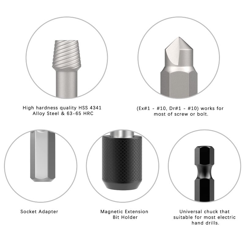 Raynesys Damaged Screw Extractor Set  22 PCS Easy Out Stripped Screw Extractor Kit  Alloy Steel Screw Remover for Home DIY Garden Wood Extractor with Magnetic Extension Bit Holder and Socket Adapter - Image 3